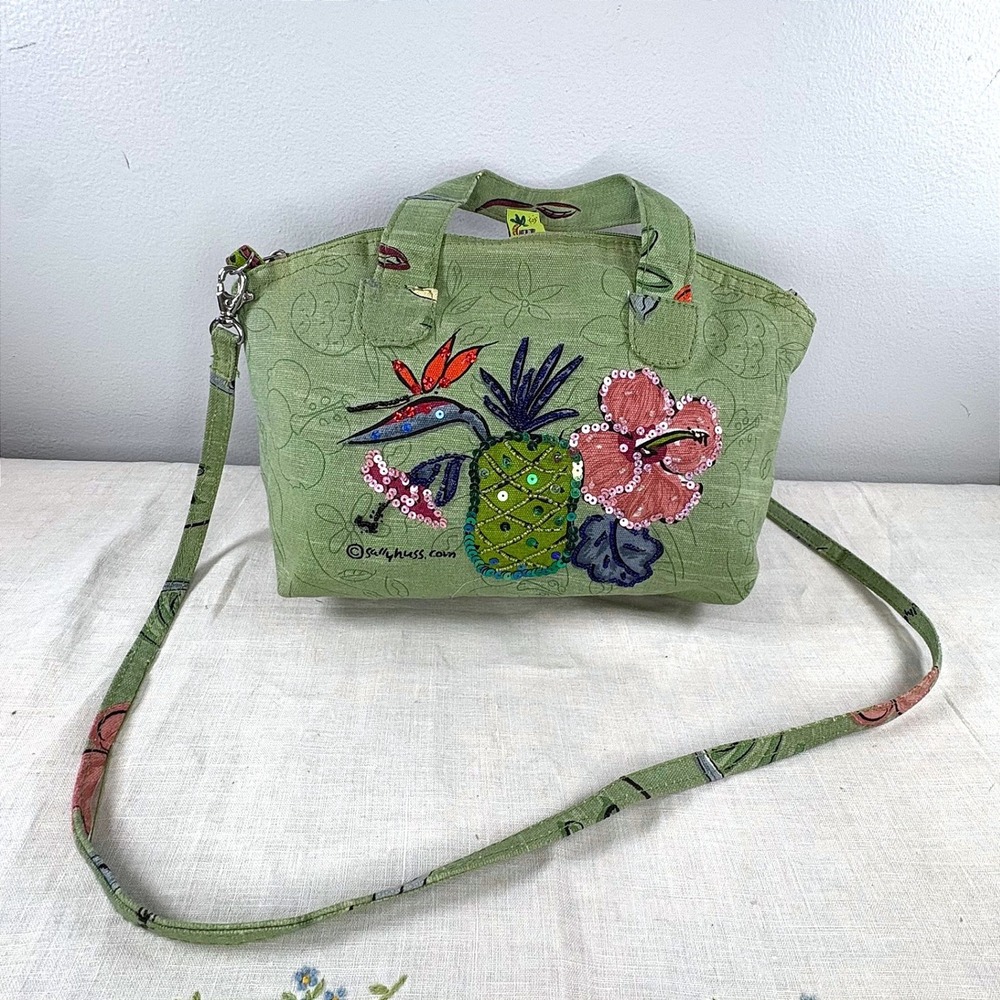 Vintage Sally Huss Sunny Thoughts Green Canvas Crossbody Bag